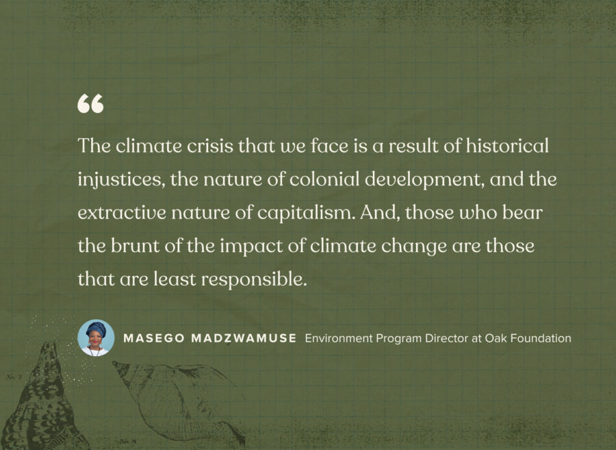 우리가 직면한 기후 위기는 역사적 불의, 식민지 개발의 성격, 자본주의의 착취적 성격의 결과입니다. 그리고 기후 변화의 영향을 가장 많이 받는 사람들은 책임이 가장 적은 사람들입니다.” - Masego Madzwamuse, Oak Foundation 환경 프로그램 디렉터