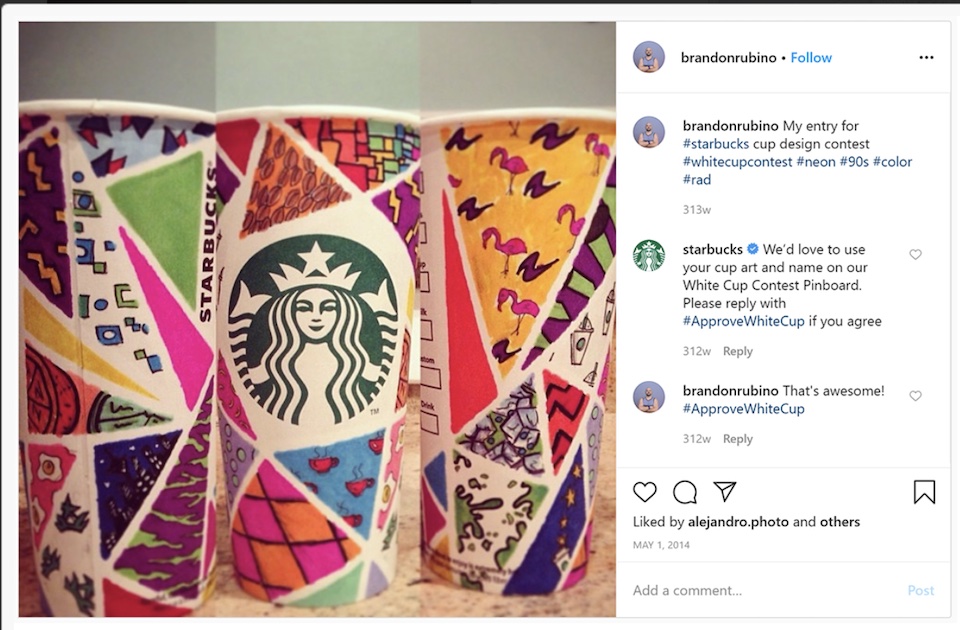 Ein Benutzer auf Instagram zeigt seine drei mehrfarbigen Beiträge zum Starbucks-Wettbewerb für weiße Tassen, bei dem Kunden auf ihre weißen Tassen zeichnen und ihre Designs zeigen.