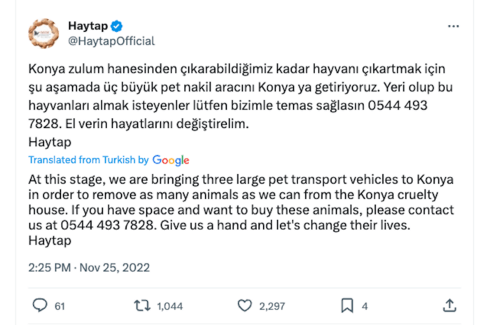 Il tweet di Haytap fornisce agli spettatori un aggiornamento sulla loro missione di salvataggio degli animali