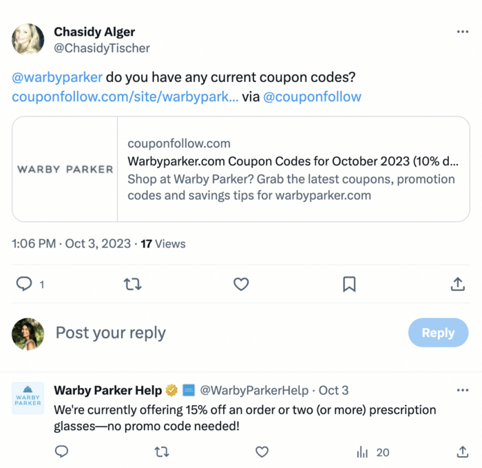 Un'interazione del servizio clienti tra Warby Parker e un cliente su Twitter. Questa conversazione è un esempio di monitoraggio dei social media e ascolto sociale.