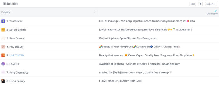 Die TikTok-Biografien für 8 Beauty-Marken, wie in Rival IQ gezeigt.
