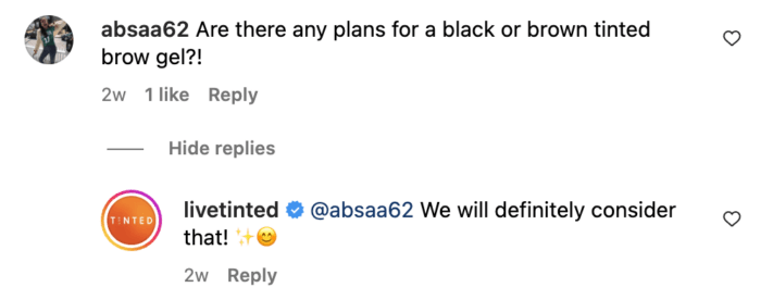 การโต้ตอบบน Instagram ระหว่างแบรนด์ความงาม Live Tinted และลูกค้าที่สอบถามเกี่ยวกับผลิตภัณฑ์ที่มีศักยภาพถือเป็นตัวอย่างของการรับฟังทางสังคม