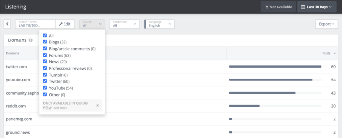 La herramienta de escucha social de Rival IQ le permite filtrar diferentes fuentes en línea al extraer datos para su estrategia de escucha social.