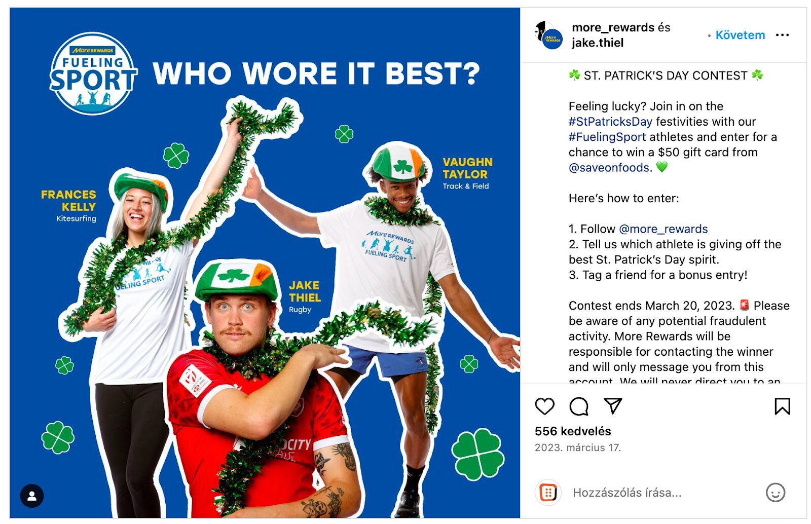 Fueling Sports organise un concours sur les réseaux sociaux portant des guirlandes vertes et des chapeaux avec un trèfle à quatre feuilles dans le cadre de leur marketing pour la Saint-Patrick.