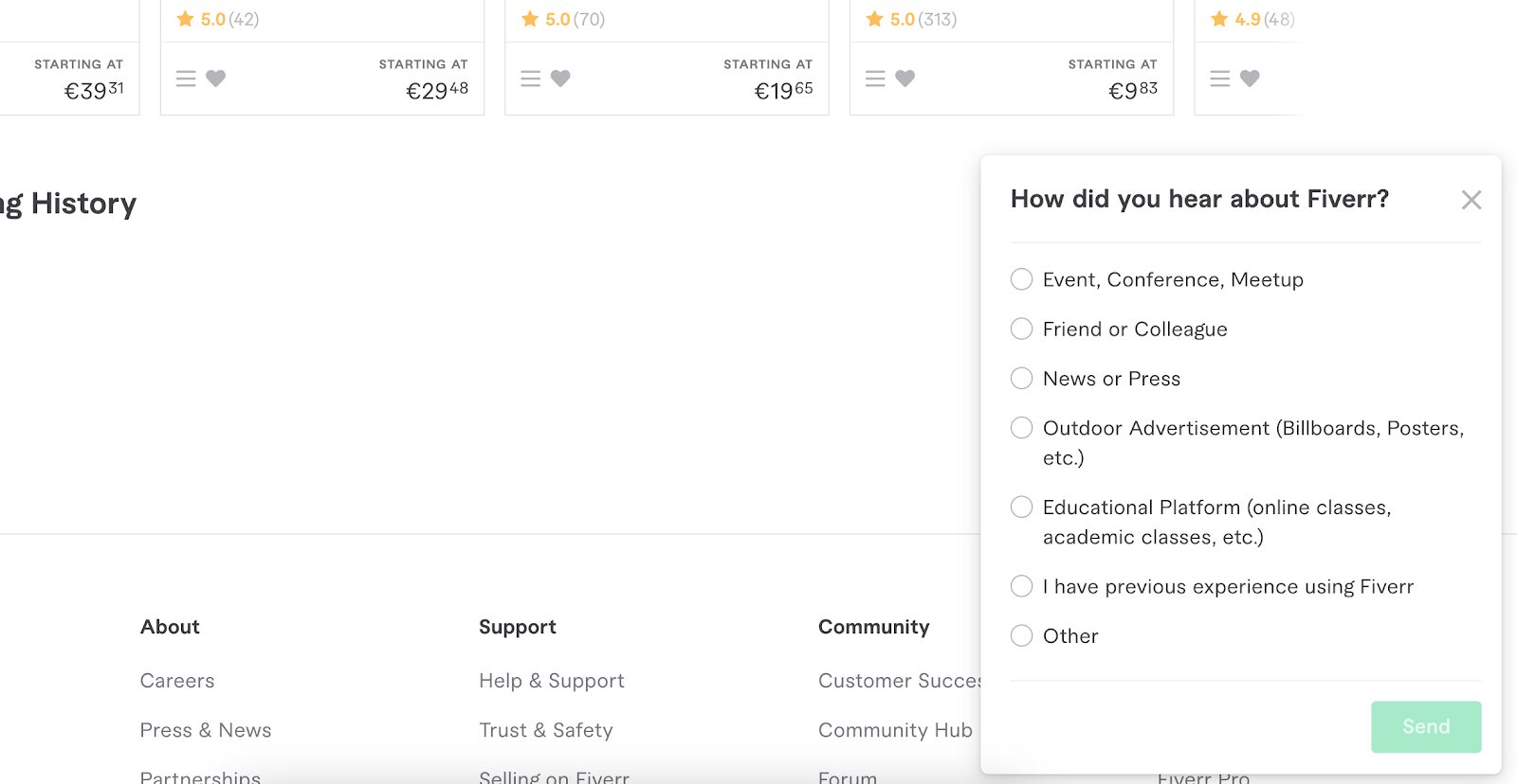 Les exemples de formulaires de commentaires Fiverr sur la manière dont la simplicité peut vous aider à recueillir davantage de commentaires.