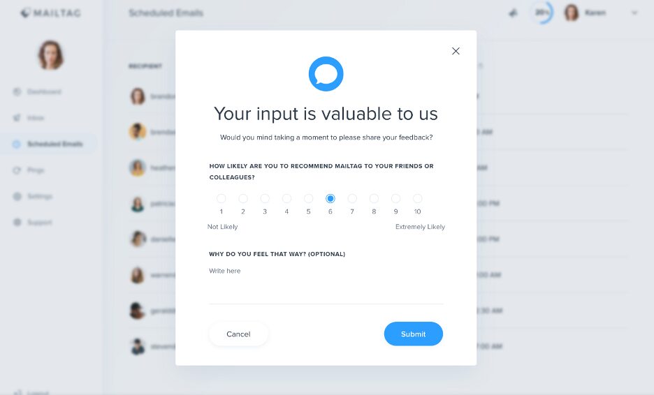 Il sondaggio NPS intuitivo di MailTag raccoglie il feedback dei clienti e anche il visitatore può inserire commenti aggiuntivi.