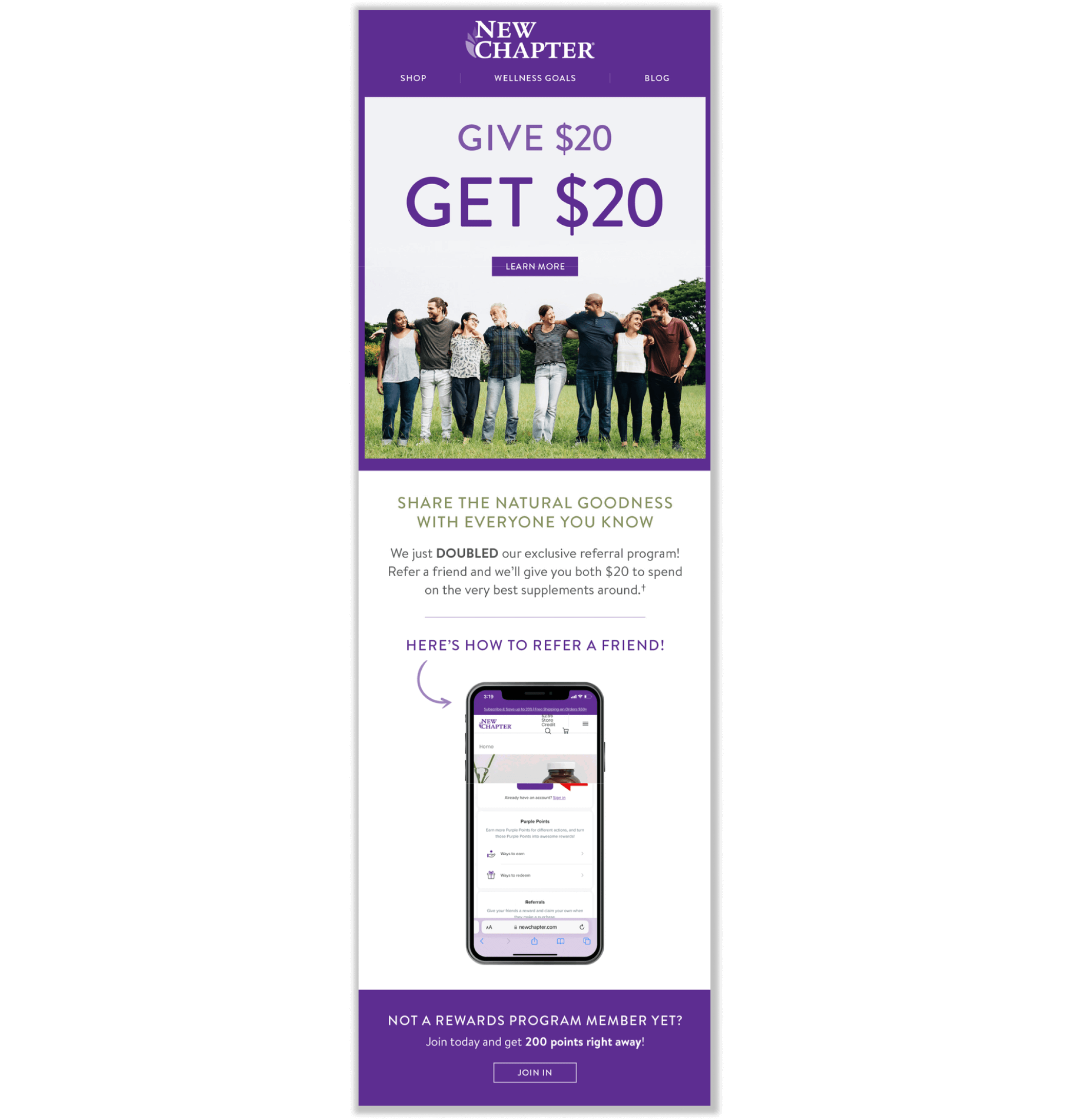 Uno screenshot di un'e-mail di New Chapter che spiega le modifiche al suo programma di riferimento. Spiega che hanno raddoppiato il loro programma di riferimento in "Give $ 20, Get $ 20".