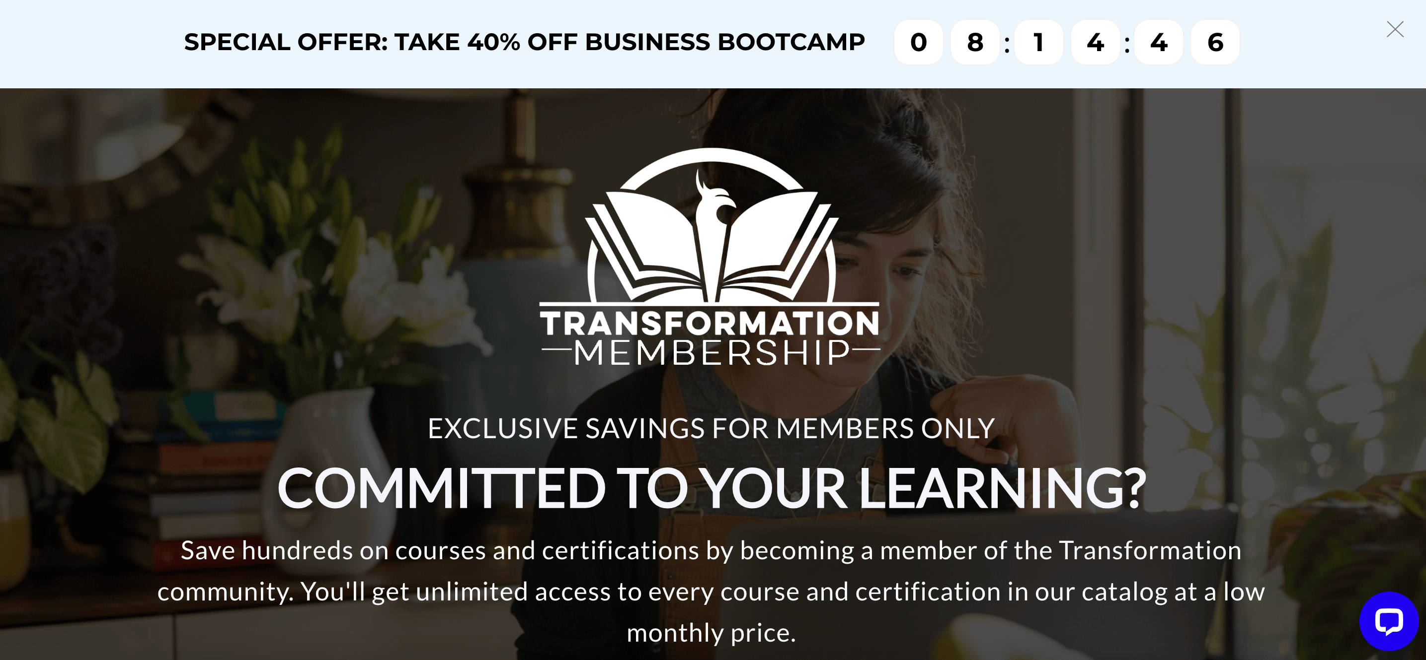 A barra flutuante de oferta especial da Transformation Academy mostra a importância do FOMO