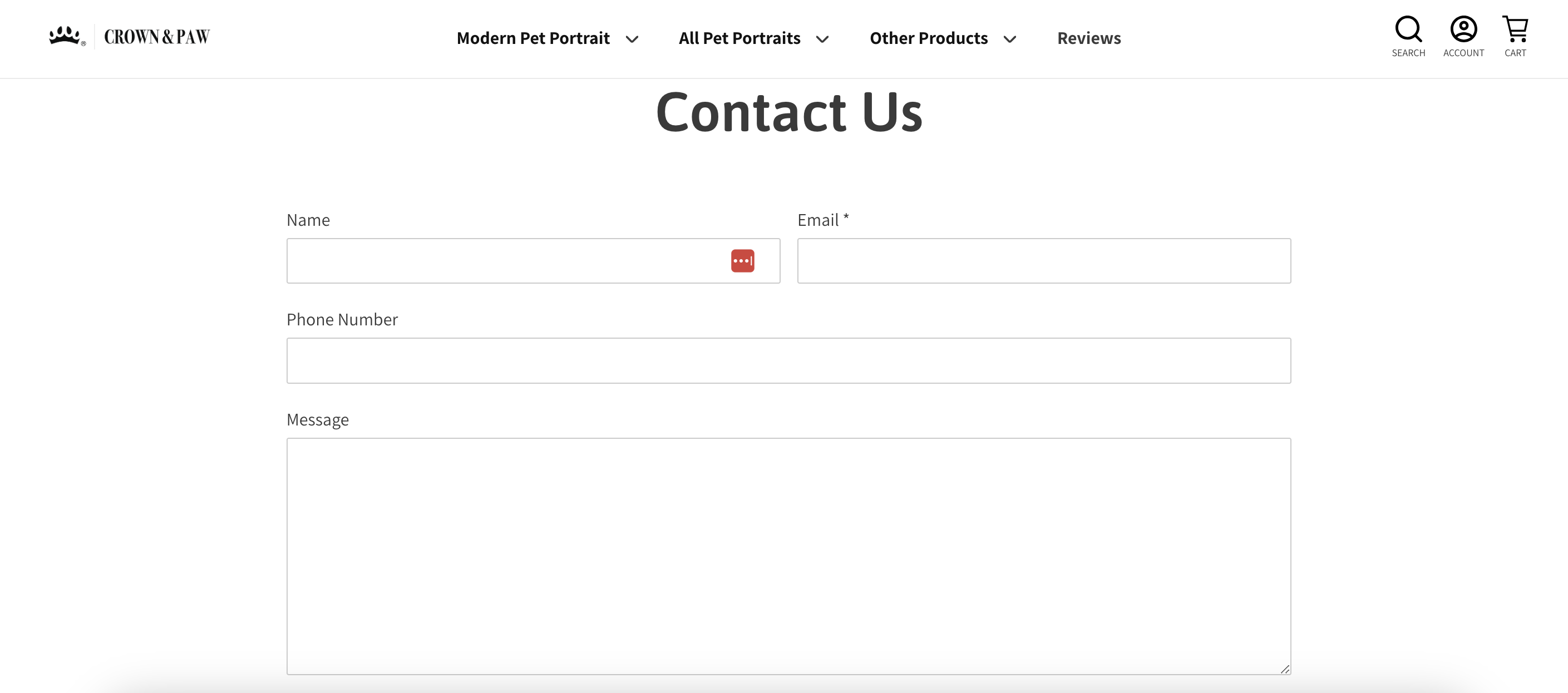 La page de contact de Crown and Paw ne demande que des informations de contact de base, ce qui offre aux visiteurs une expérience simplifiée.