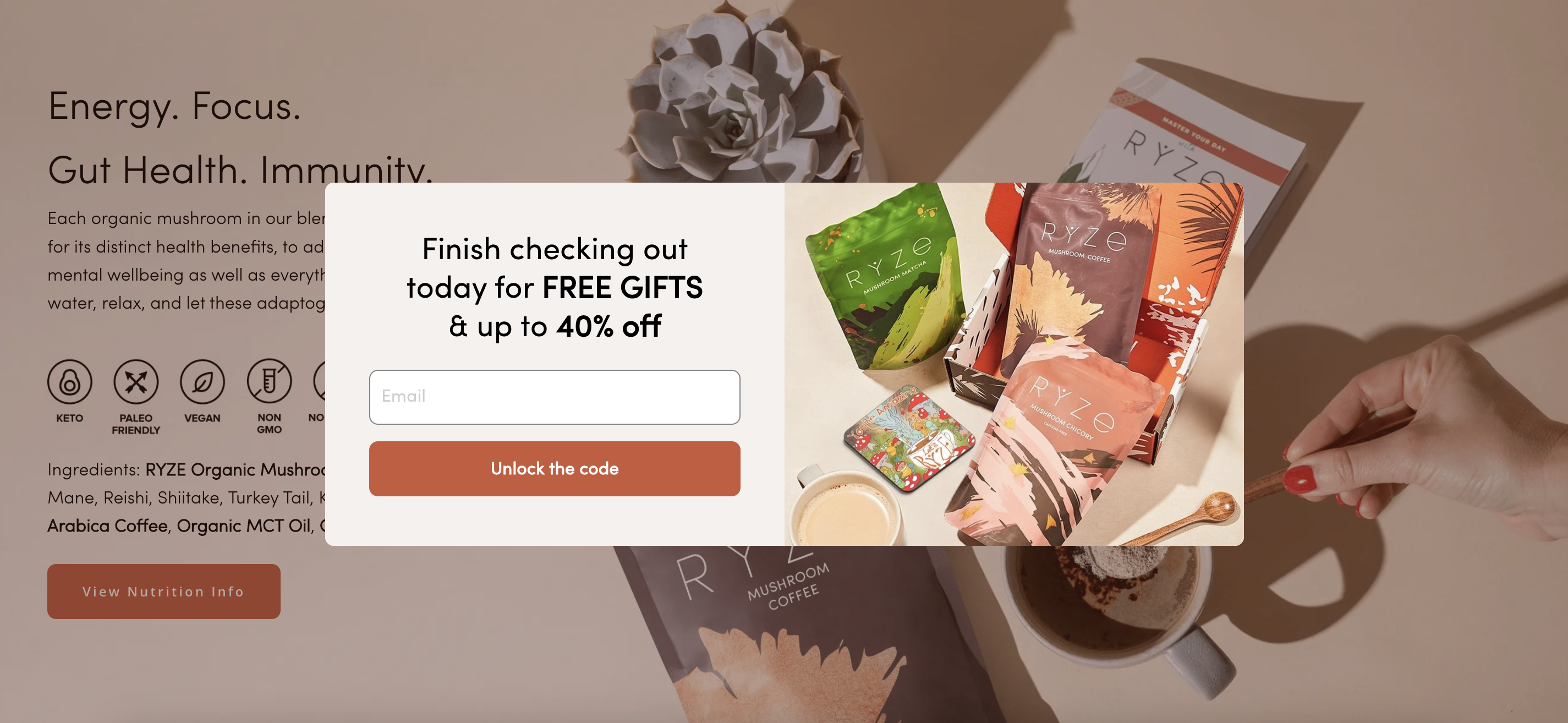 Ryze Mushroom Coffee 可享 40% 折扣，並贈送免費禮品和產品圖片供預覽。