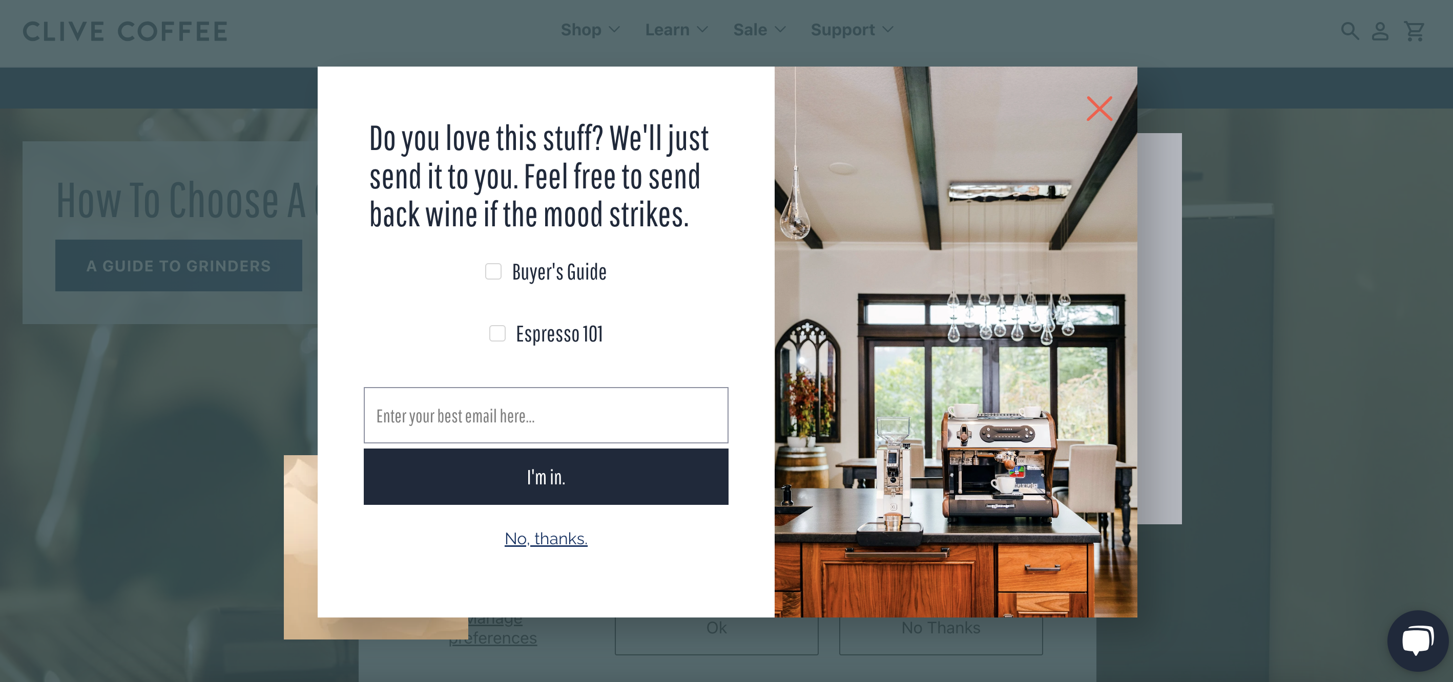 克萊夫咖啡的主要捕獲彈出窗口具有與觀眾建立聯繫的休閒文案風格。