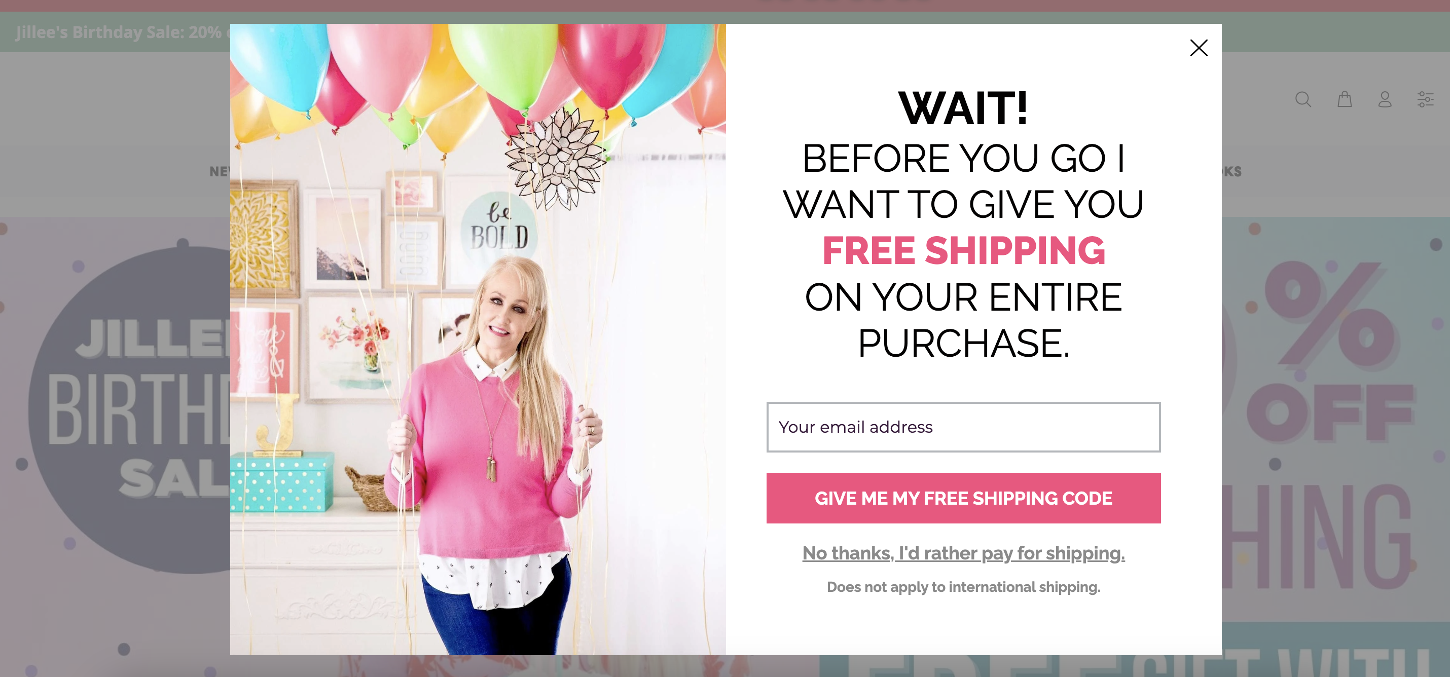 By Jillee's Shop 快閃店提供免費送貨優惠，並為考慮選擇退出的訪客提供有說服力的文案。