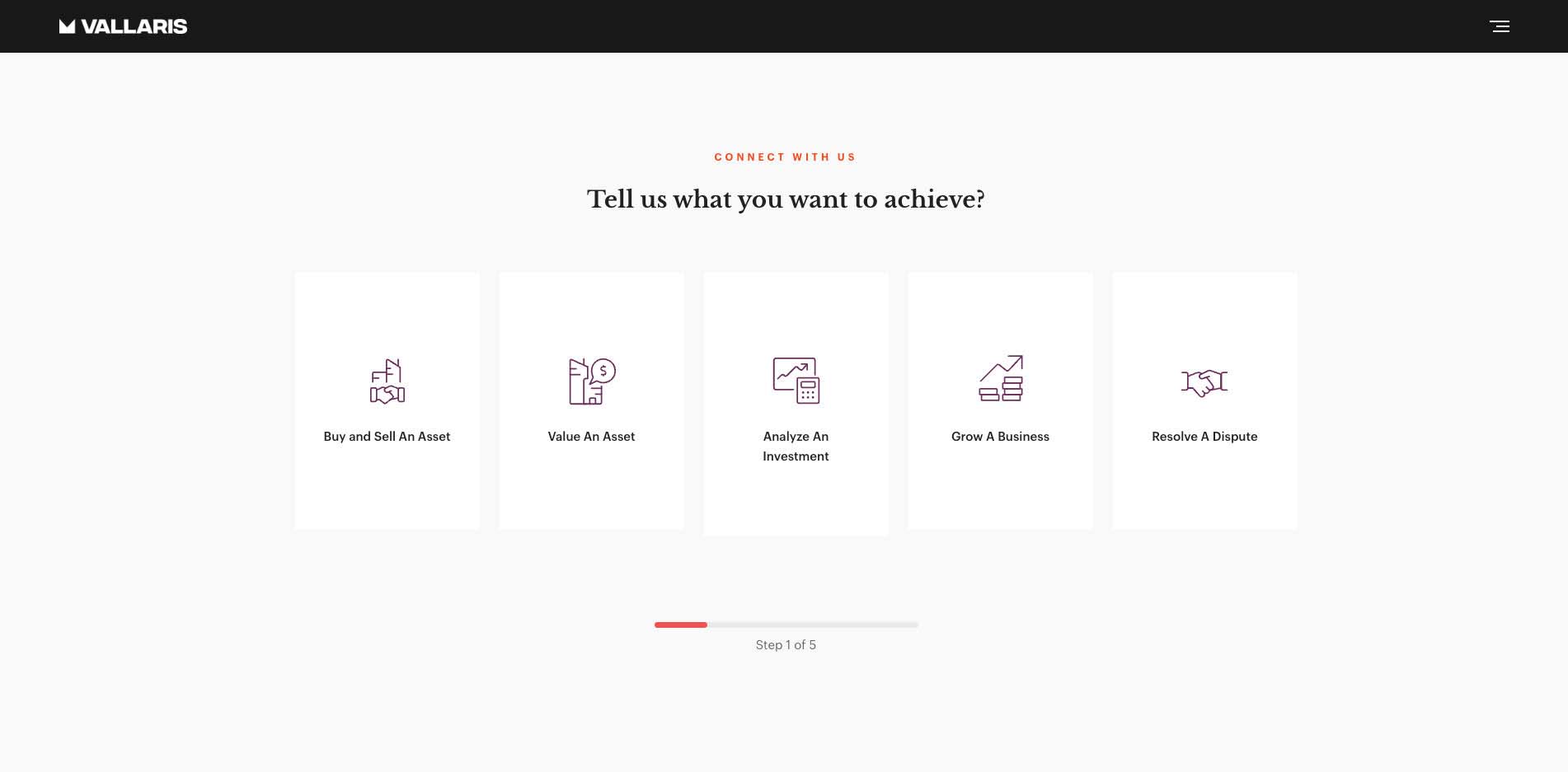 مثال من شركة فالاريس الخاصة المحدودة. من السهل فهم حقول النموذج باستخدام الرموز. فهو يقسم الأسئلة إلى بطاقة واحدة دون إرباك المستخدمين بأسئلة متعددة في صفحة واحدة؛ كما يعرض أيضًا شريط التقدم في الأسفل، والذي يتيح للمستخدمين معرفة عدد الأسئلة التي يجب الإجابة عليها.