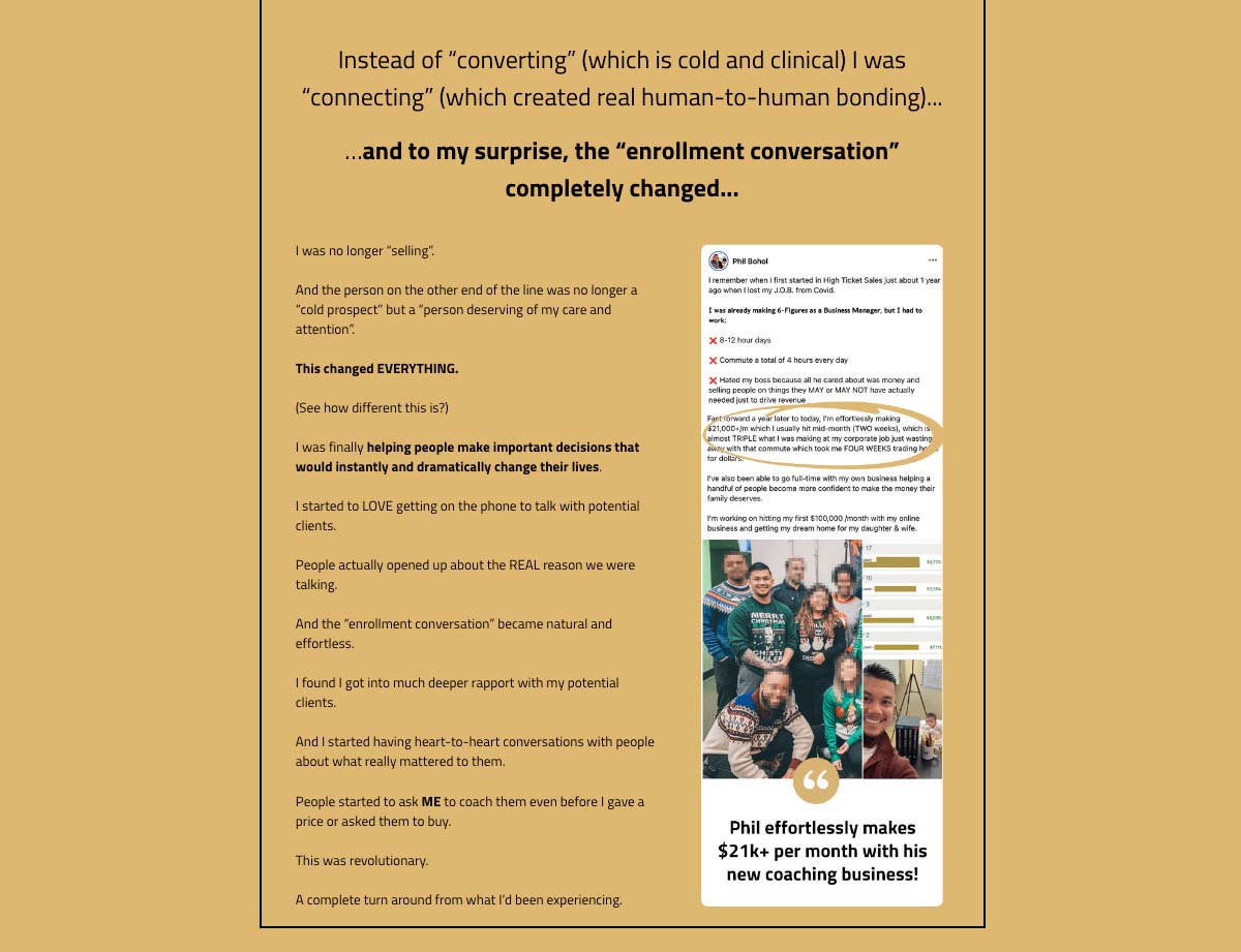 مثال من تحدي المزيد من المبيعات من Dan Lok Education. يعرض مراجعة أحد العملاء بخلاف الفقرة وفوق زر الحث على اتخاذ إجراء كمثال توضيحي.