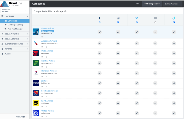 Il pannello Aziende in Rival IQ include tutti i marchi aggiunti per compilare il modello di reporting dei social media.