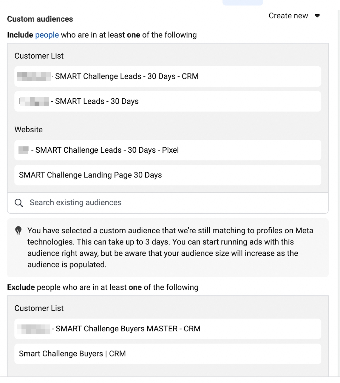O imagine arată cum să configurați segmente de public personalizate în managerul de reclame Facebook.