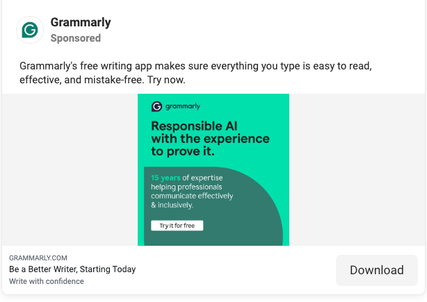 Din Grammarly. Afișează un anunț care arată 15 ani de experiență și utilizarea AI.
