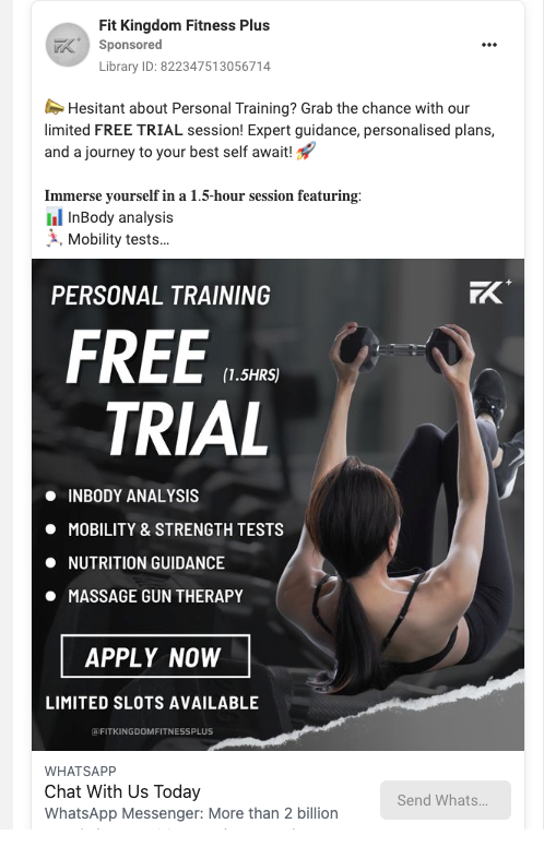 De la Fit Kingdom Fitness Plus. Acesta arată că anunțul oferă o perioadă de încercare gratuită