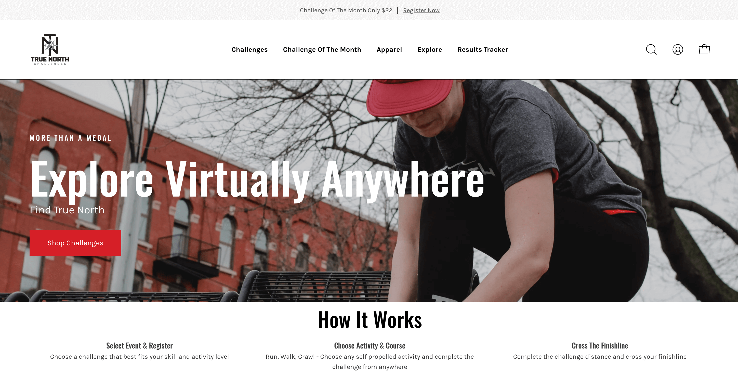O captură de ecran a site-ului web True North Challenges care explică modul în care funcționează platforma.