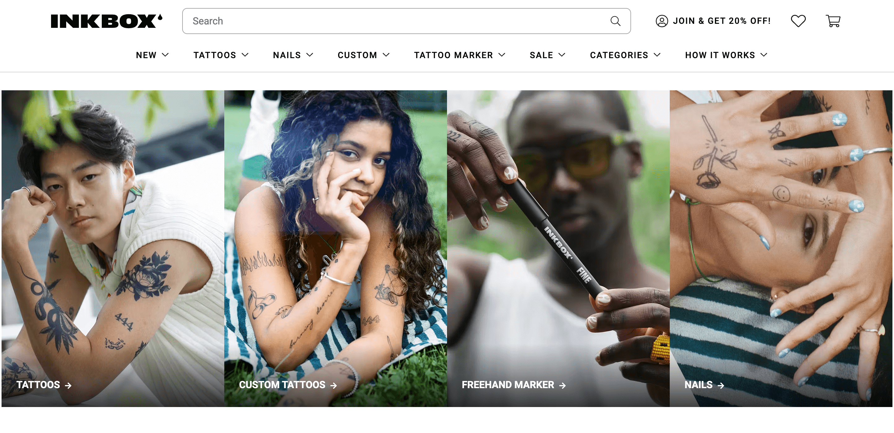 O captură de ecran a paginii de pornire a inkbox-ului care arată categoriile sale de produse: tatuaje, tatuaje personalizate, piață cu mână liberă și benzi de unghii.