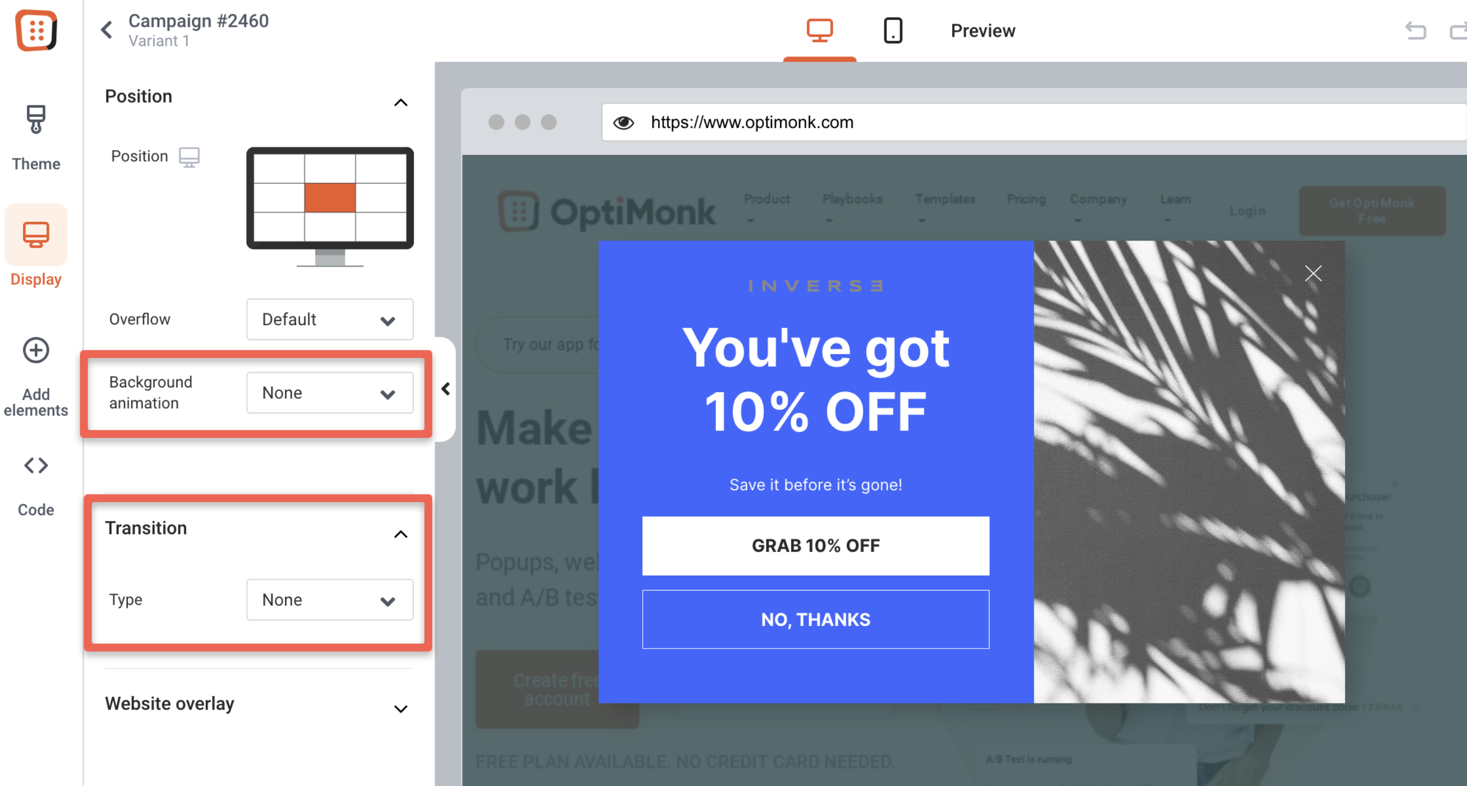 Transição pop-up OptiMonk