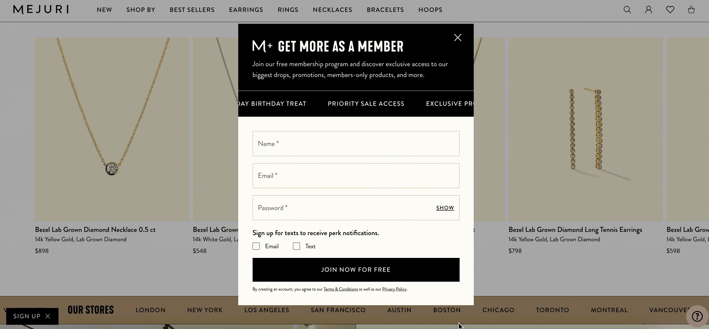 Exemplo de animação pop-up Mejuri