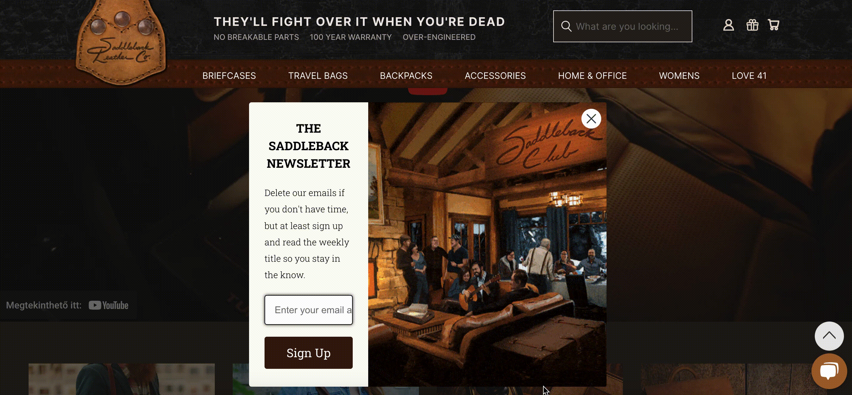 Exemplo de animação pop-up Saddleback Leather