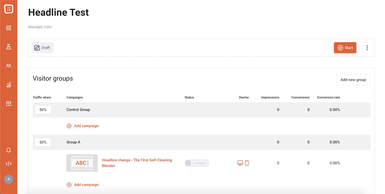 Creați o nouă campanie pentru teste multivariate pe interfața prietenoasă a OptiMonk
