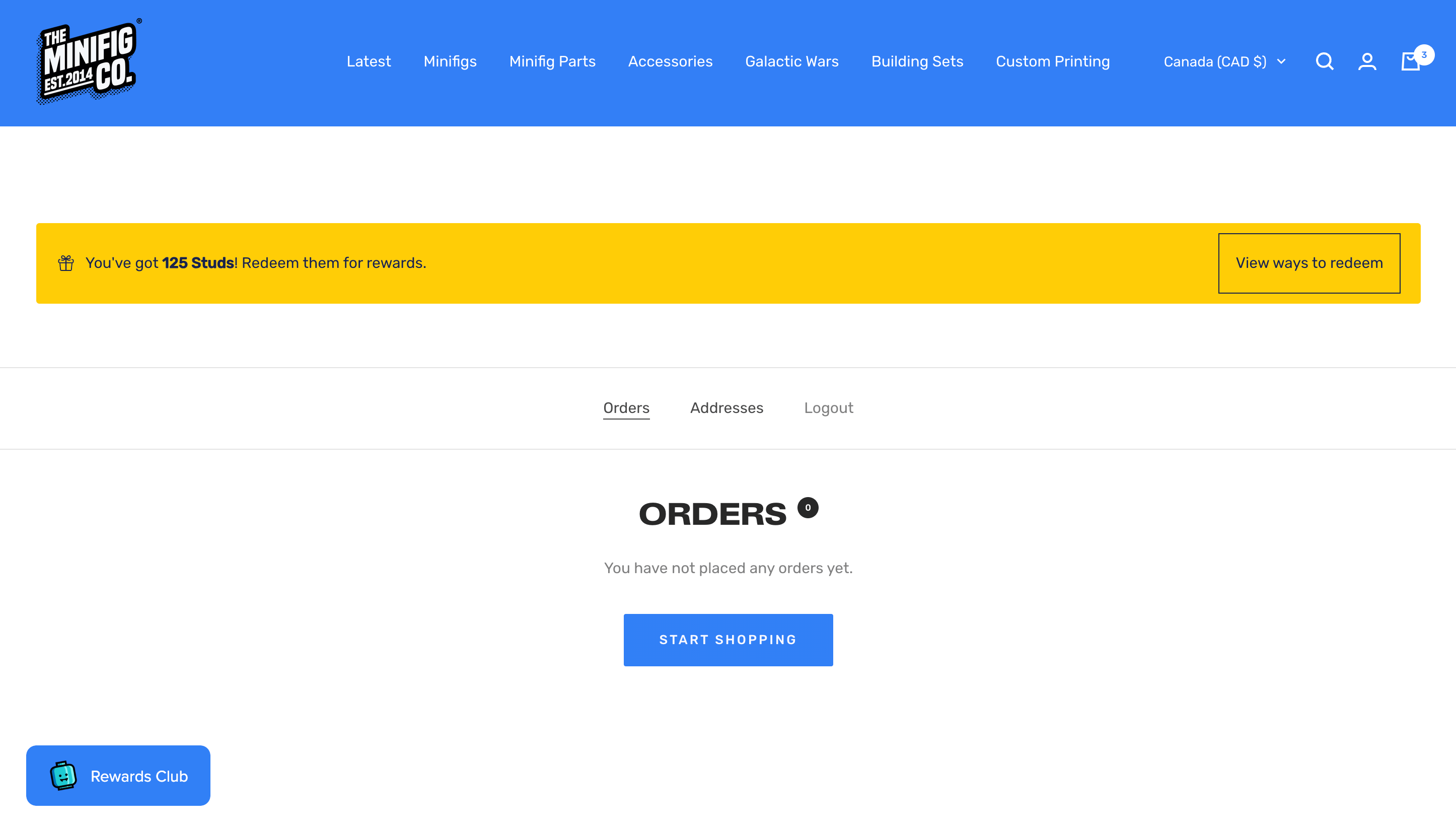 ภาพหน้าจอของหน้าบัญชีลูกค้าที่แสดงแบนเนอร์สีเหลืองสดใสที่เขียนว่า “คุณมี 125 สตั๊ด! แลกรับรางวัล”