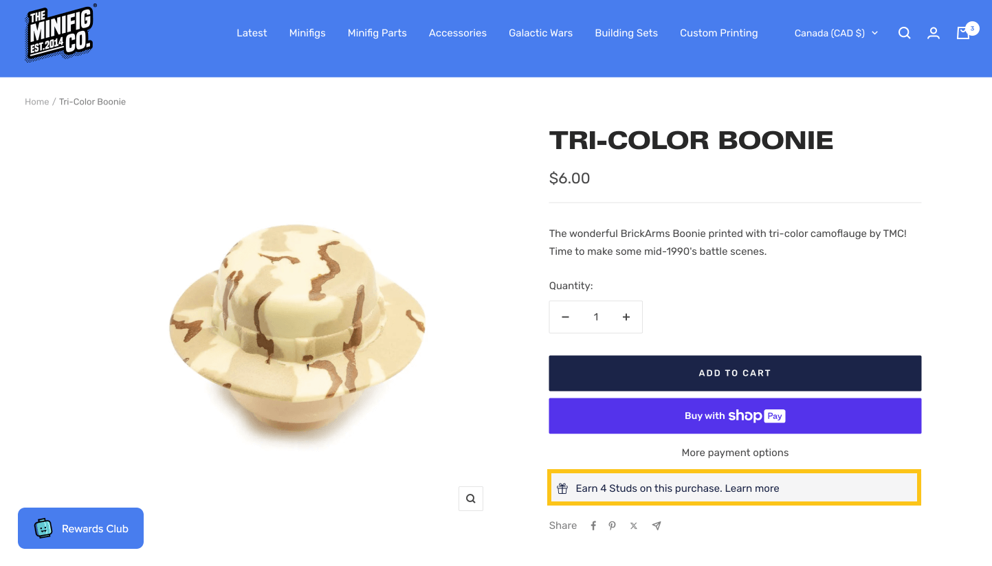 ภาพหน้าจอของหน้าผลิตภัณฑ์ของ The Minifig Co. ซึ่งไฮไลต์ App Block ที่ฝังไว้ซึ่งมีข้อความว่า “รับ 4 สตั๊ดจากการซื้อครั้งนี้ เรียนรู้เพิ่มเติม."