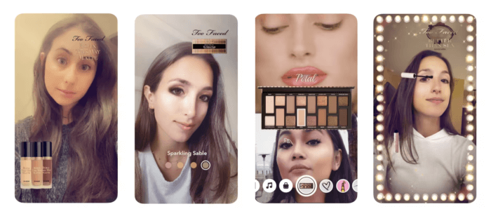Too-Faced が作成した Snapchat フィルターを示す 4 つのフレーム。ファンデーション、2 つのアイシャドウ パレット、マスカラなどのメイクアップ製品の効果を仮想的に示します。