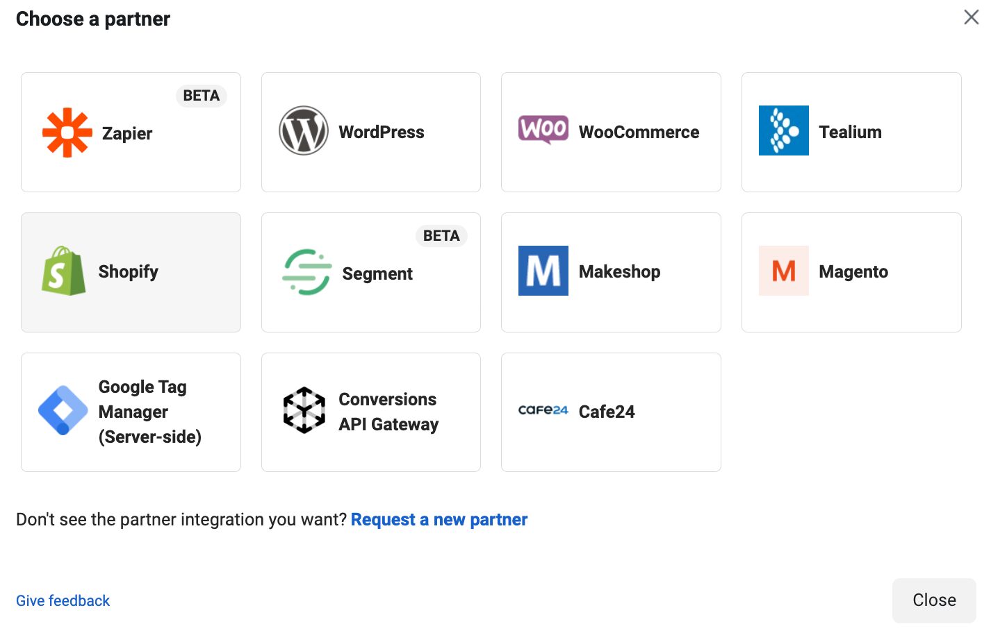 Wybierz Shopify z integracji
