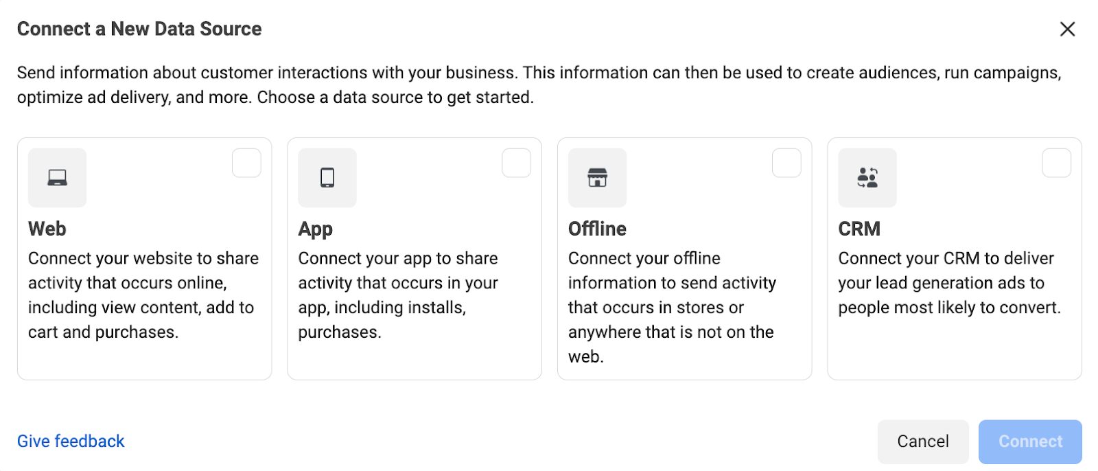 W Meta Events Manager wybierz „Sieć”, aby połączyć się ze swoją witryną.