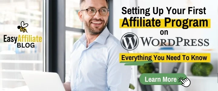 EA konfiguruje Twój pierwszy program partnerski Adsanity | Łatwy partner Blog title image showing man on laptop setting up first affiliate program on WordPress