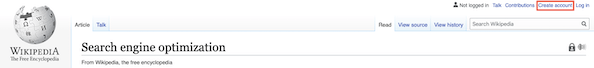 오른쪽 상단 모서리에 있는 '계정 만들기' 버튼의 위치를 ​​보여주는 Wikipedia의 스크린샷.