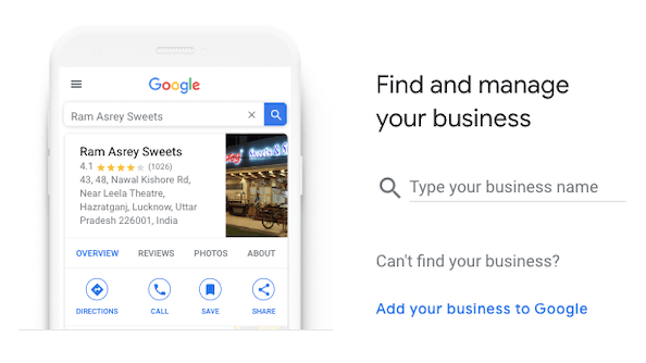 비즈니스를 찾고 관리하는 방법을 보여주는 Google Ny Business의 스크린샷.
