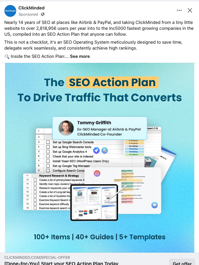 من ClickMinded. تسرد الصورة ما تم تضمينه والجملة الواحدة لحل الألم.