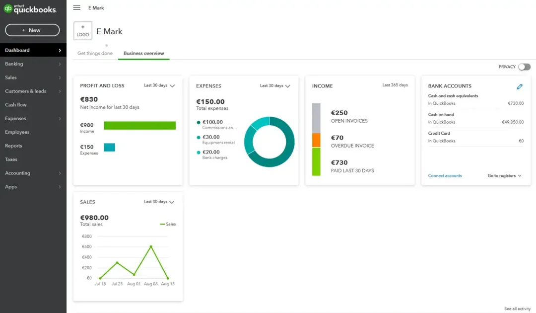 ein-Screenshot-eines-Quickbooks-Dashboards, das die Transaktionsverfolgung über mehrere Geschäftskonten hinweg anzeigt
