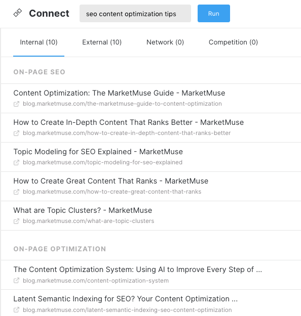 Zrzut ekranu z MarketMuse Connect.