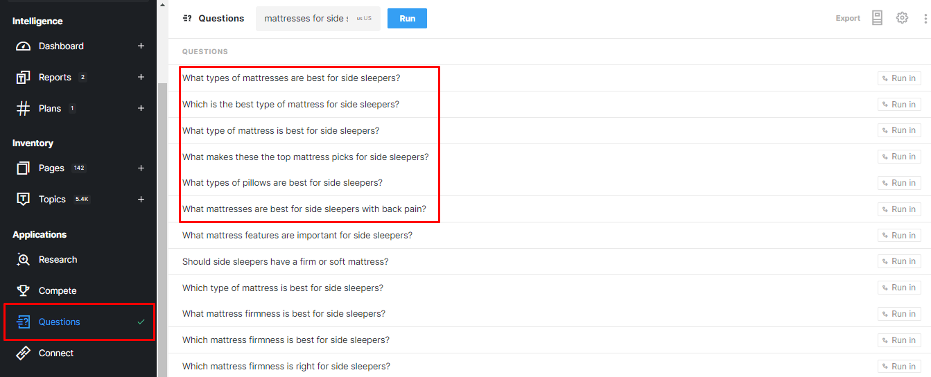 特定のトピックに対して返された質問を表示するMarketMuseSuiteQuestionsアプリケーション。