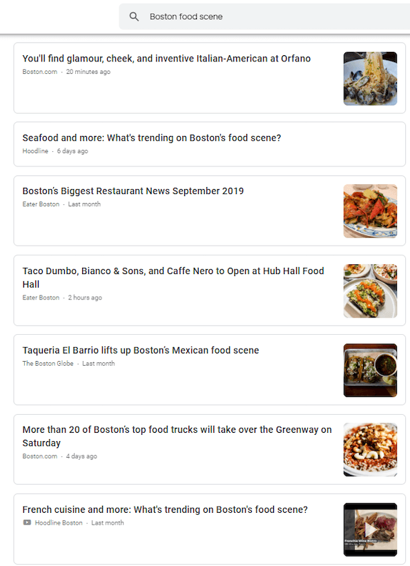「ボストンフードシーン」という検索用語のGoogleニュース結果のスクリーンショット。