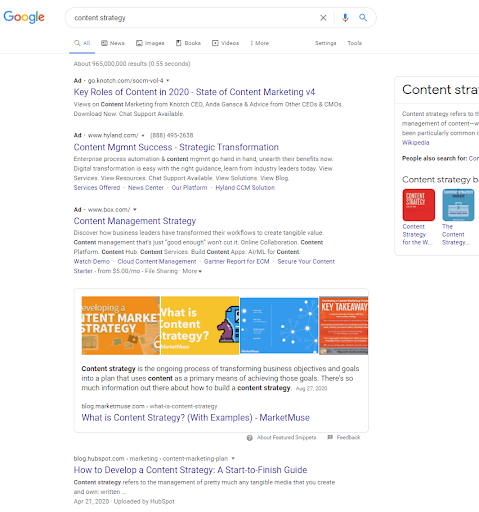 谷歌 SERP 的术语“内容策略”。