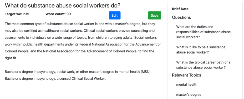 MarketMuse Premier projet de texte de sortie NLG.