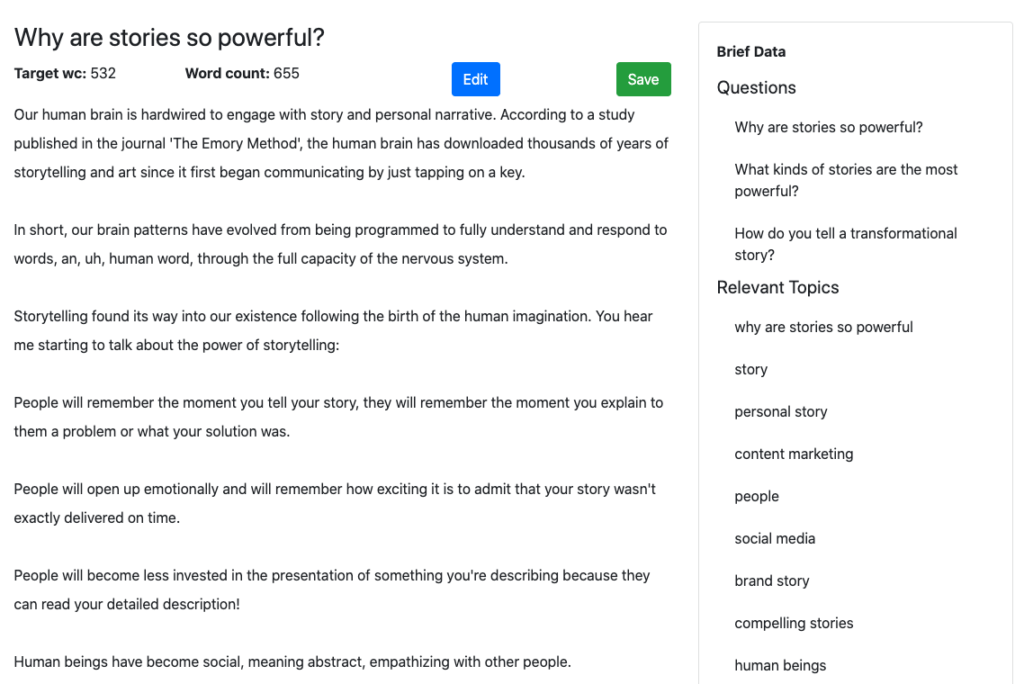 MarketMuse Premier projet de texte de sortie NLG.