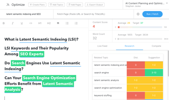 MarketMuse 主题模型，用于主题“潜在语义索引和 SEO”。