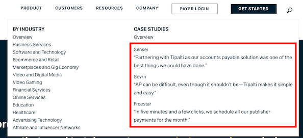 ドロップダウンメニューを示すTipaltiホームページのスクリーンショット。