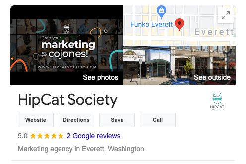 HipCatSocietyのGoogleマイビジネスエントリには、2枚の写真、開始評価、エンティティの説明、およびナビゲーションボタンが表示されます。