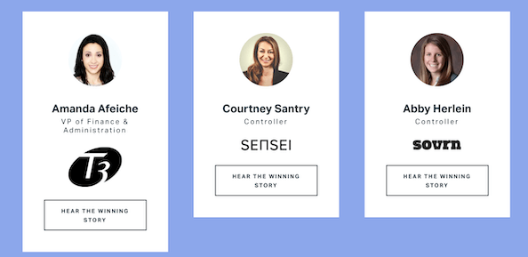 名前、会社の役職、会社名、および召喚ボタンを含む3つのヘッドショット。