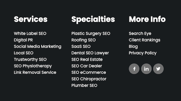 ウェブサイトのフッターリストサービス、専門分野、詳細情報、ソーシャルメディアアイコン。