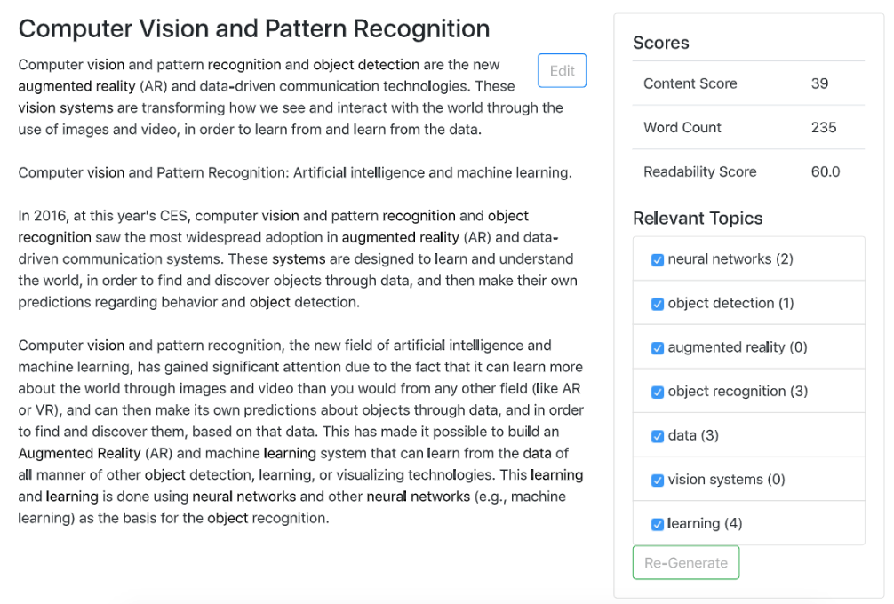 Exemple de sortie de la génération de langage naturel MarketMuse First Draft.